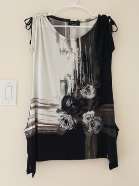 Patrizia Luca Sleeveless Floral Abstract Art Print Tunic Top Retro Boho Black S